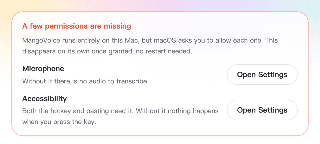 MangoVoice naming exactly which macOS permission is missing