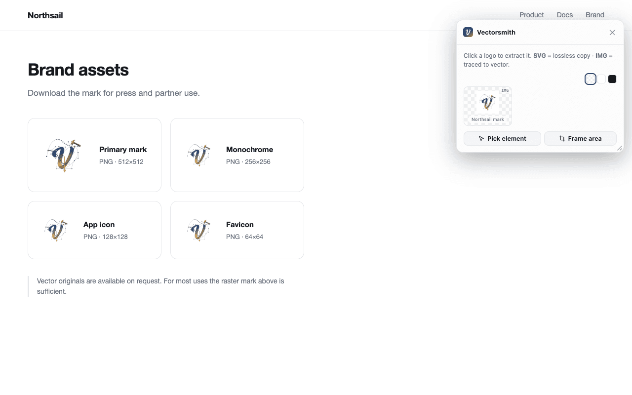 Vectorsmith panel converting a page image to SVG